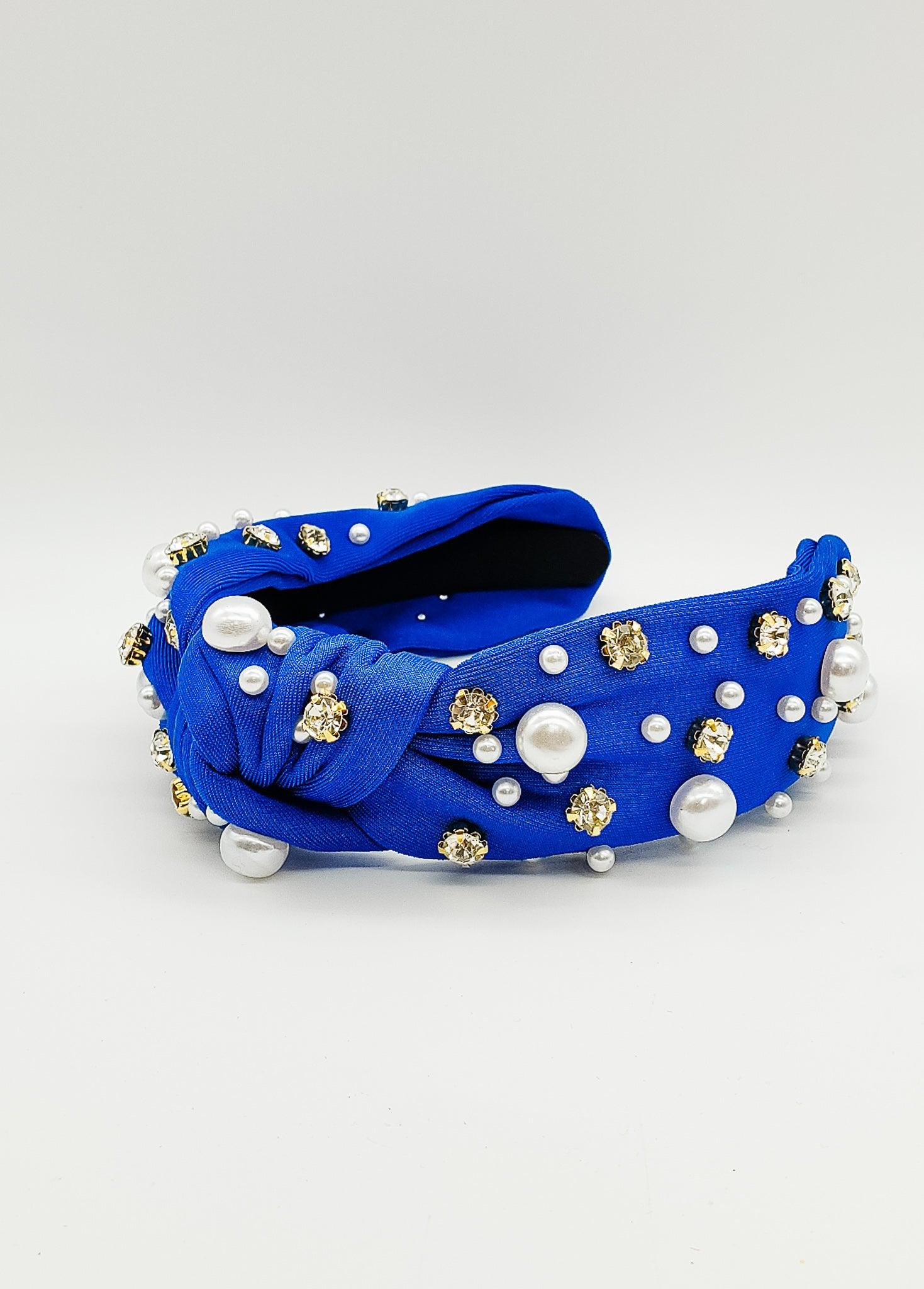 Royal Blue Diamonds & Pearls - Hard Headband-Headband-Elie’s Bows