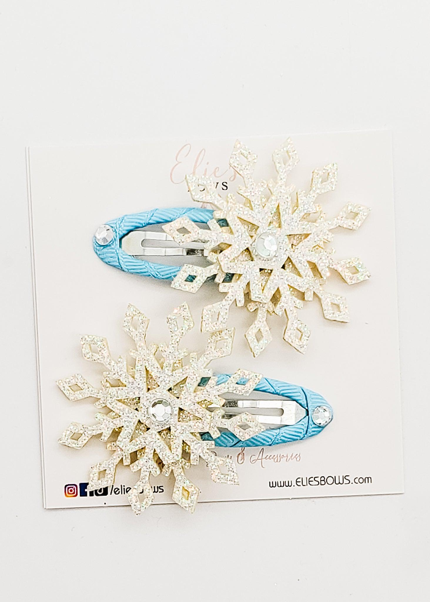 White Snowflake - Snap Clip Pigtails - 2.5"-Snap Clips-Elie’s Bows